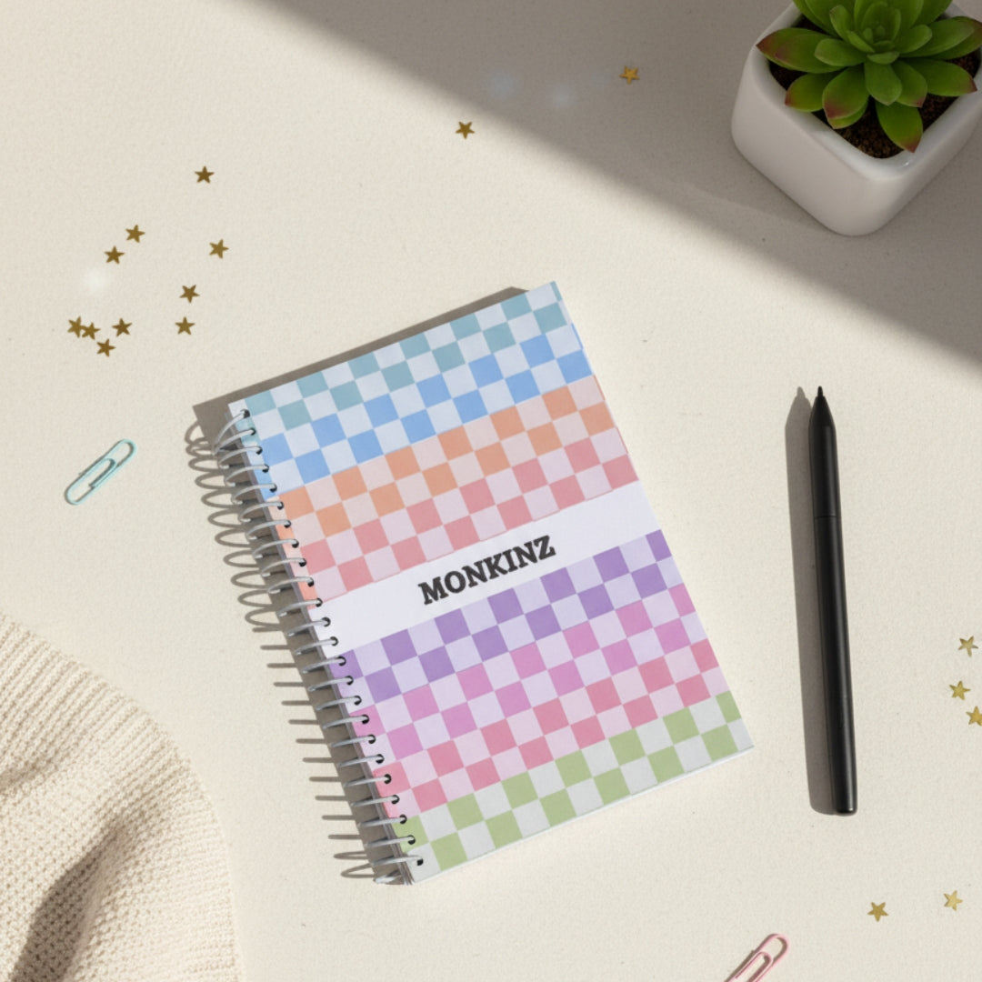 Monkinz Rainbow Checks A5 Spiral Notebook