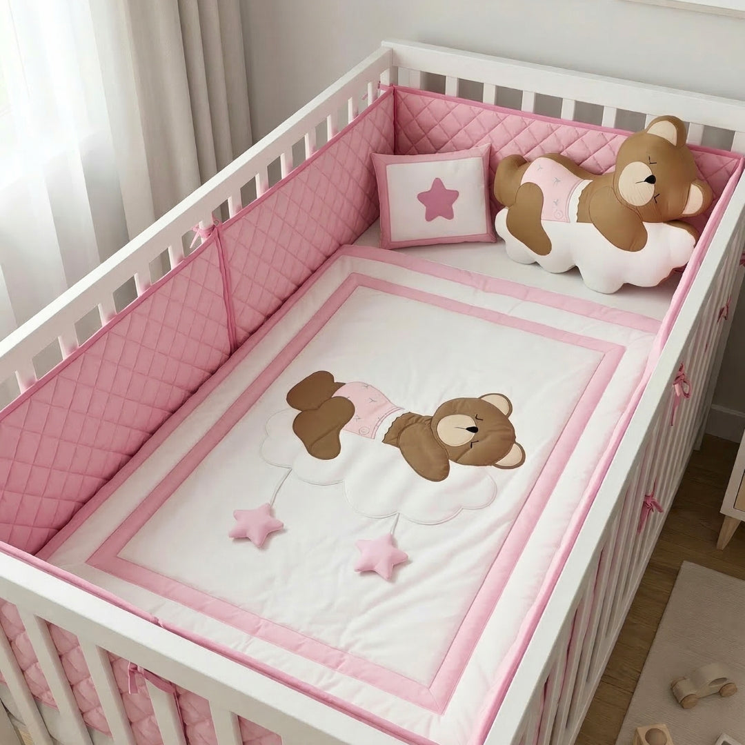 Sleepy Teddy Bear on Cloud Cotton Baby Quilt – Blush Pink