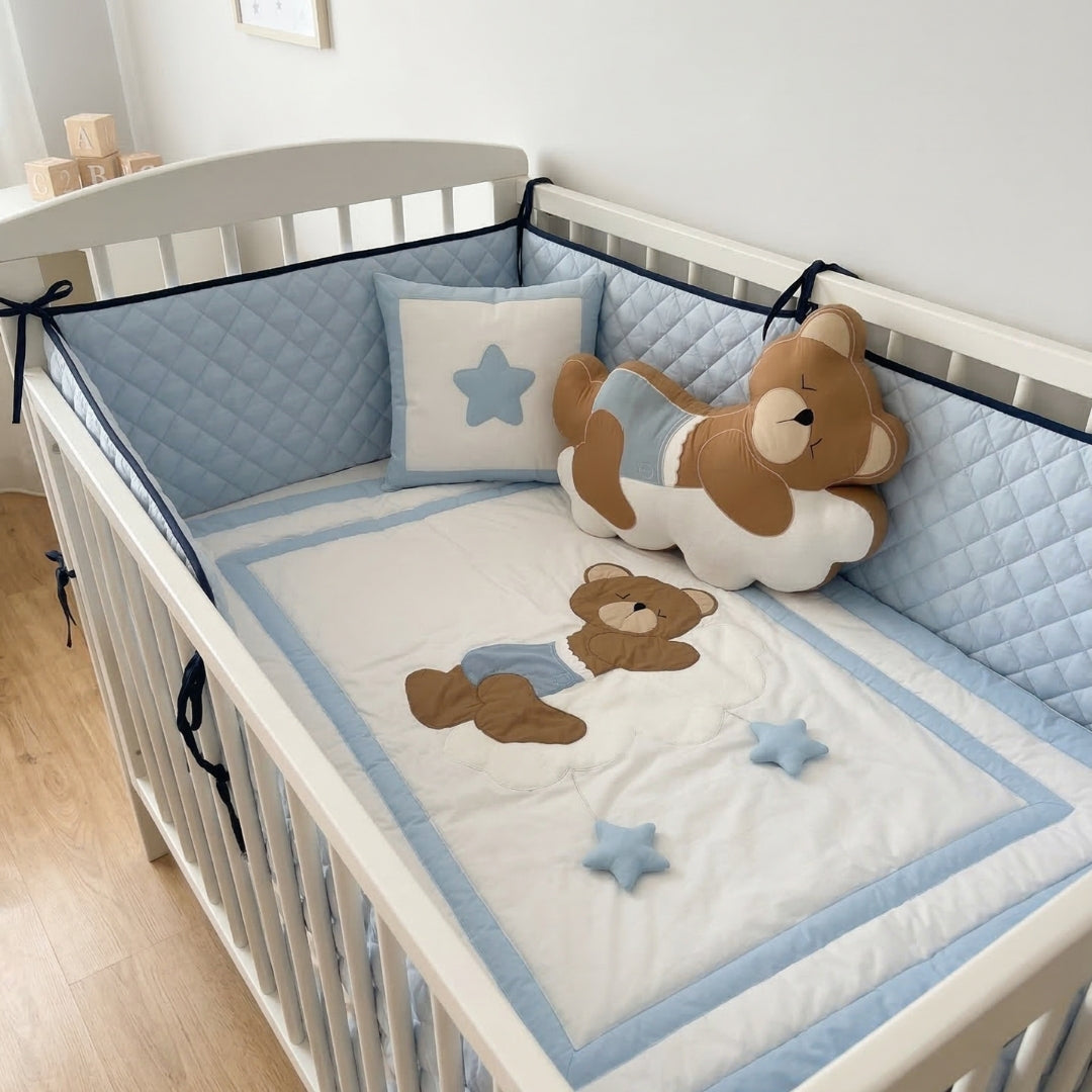 Sleepy Teddy Bear on Cloud Cotton Baby Quilt – Sky Blue