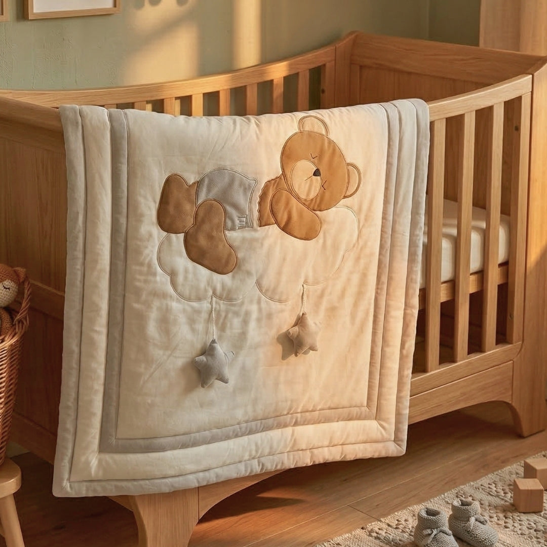 Sleepy Teddy Bear on Cloud Cotton Baby Quilt – Grey