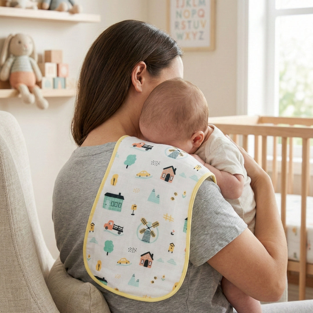 Ultra Soft Organic Muslin Burp Cloth (6-Layer, Ultra Absorbent) - Windmill & Wheels (lemon)