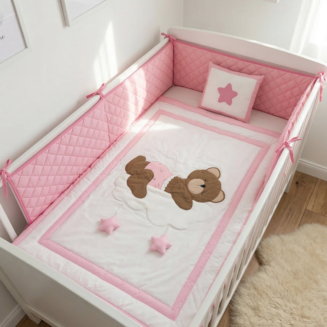 Sleepy Teddy on Cloud Nursery Bedding Set – Blush Pink
