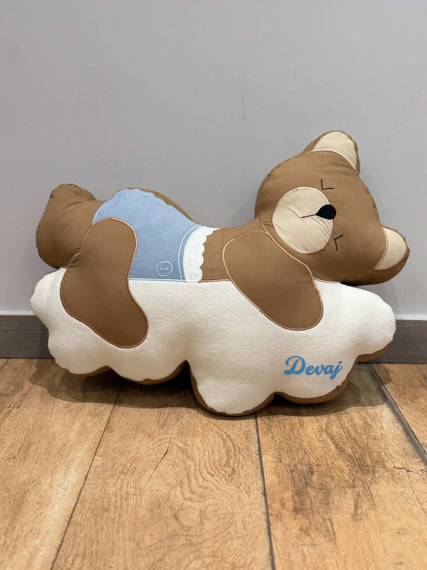 Sleepy Teddy Bear on Cloud Shaped Cushion - Blue