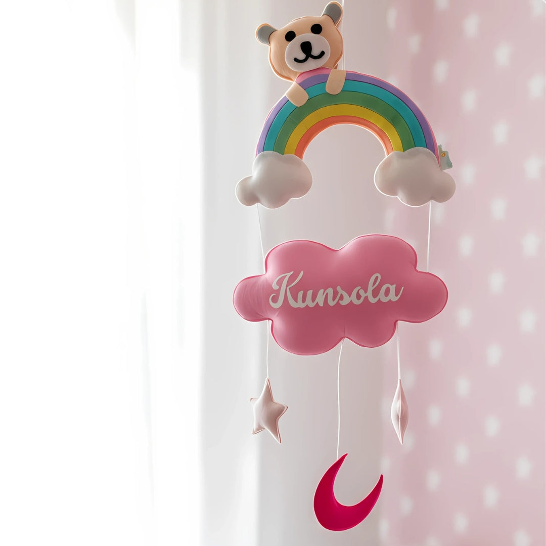 Rainbow Bear Personalized Nursery Wall Hanging – Felt Name Cloud