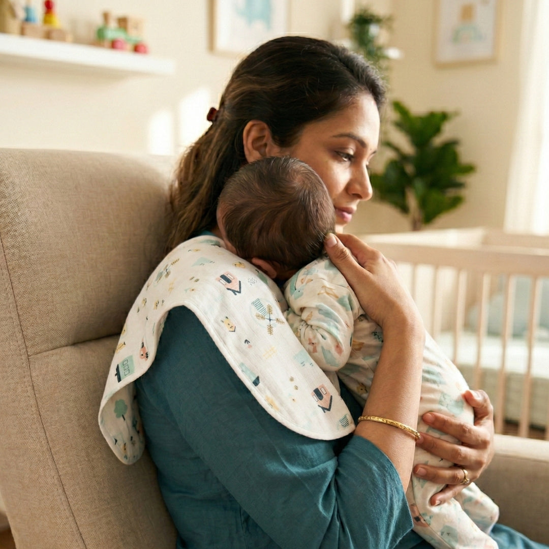 Ultra Soft Organic Muslin Burp Cloth (6-Layer, Ultra Absorbent) - Windmill & Wheels (white)