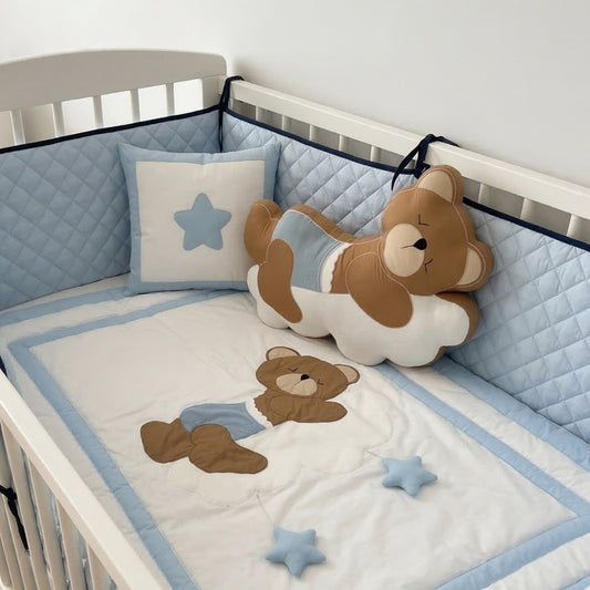 Sleepy Teddy on Cloud Nursery Bedding Set – Blue