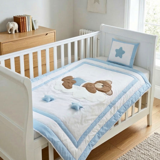 Sleepy Teddy Bear on Cloud Cotton Baby Quilt – Sky Blue