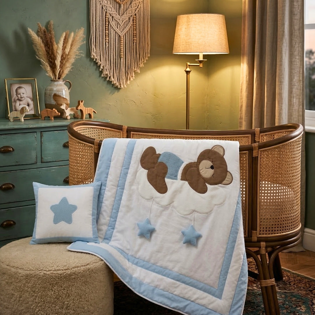 Sleepy Teddy on Cloud Nursery Bedding Set – Blue