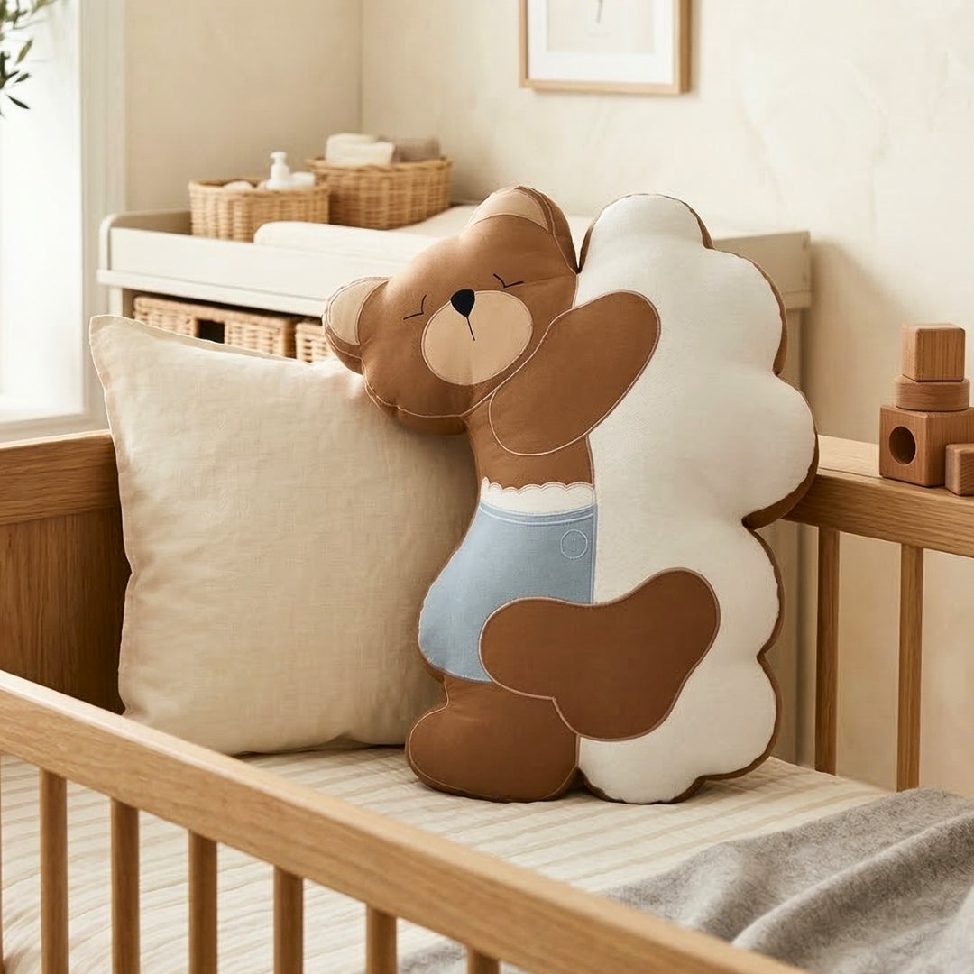 Sleepy Teddy Bear on Cloud Shaped Cushion - Blue