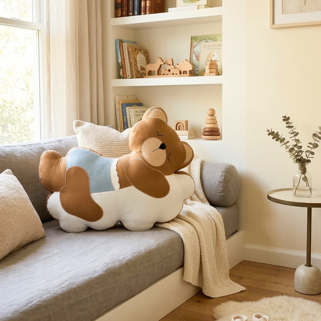Sleepy Teddy Bear on Cloud Shaped Cushion - Blue