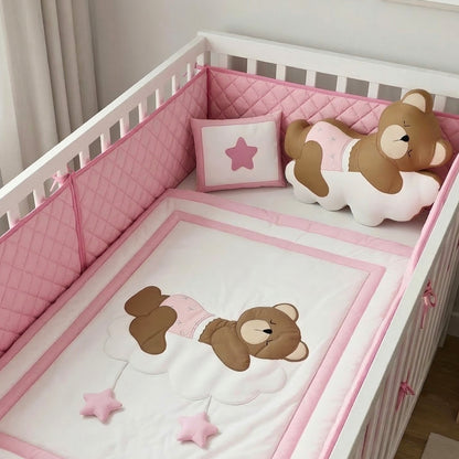 Sleepy Teddy on Cloud Nursery Bedding Set – Blush Pink