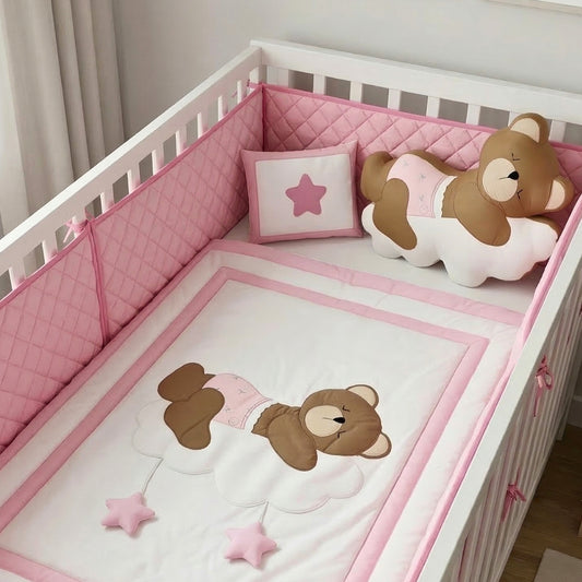 Sleepy Teddy on Cloud Nursery Bedding Set – Blush Pink
