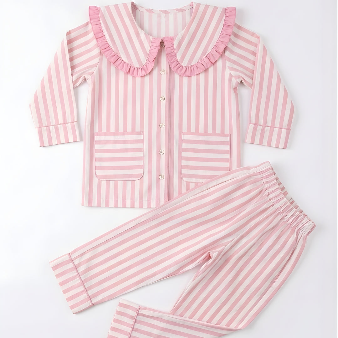 Candy Stripe Ruffle-Collar Nightwear – 100% Cotton Kids Sleep Set