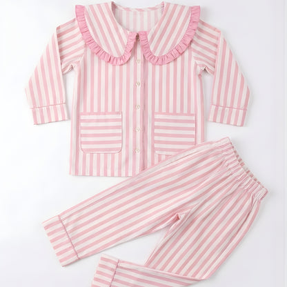 Candy Stripe Ruffle-Collar Nightwear – 100% Cotton Kids Sleep Set