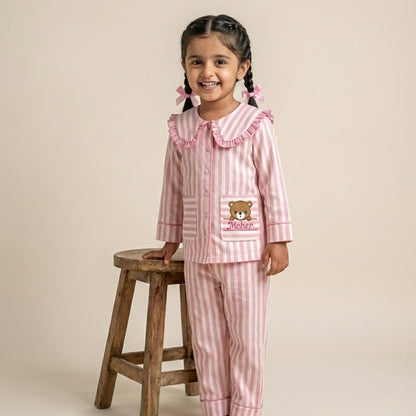 Candy Stripe Ruffle-Collar Nightwear – 100% Cotton Kids Sleep Set