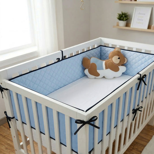 Quilted Cotton Crib Rail Guard/ Cot Bumper - Blue