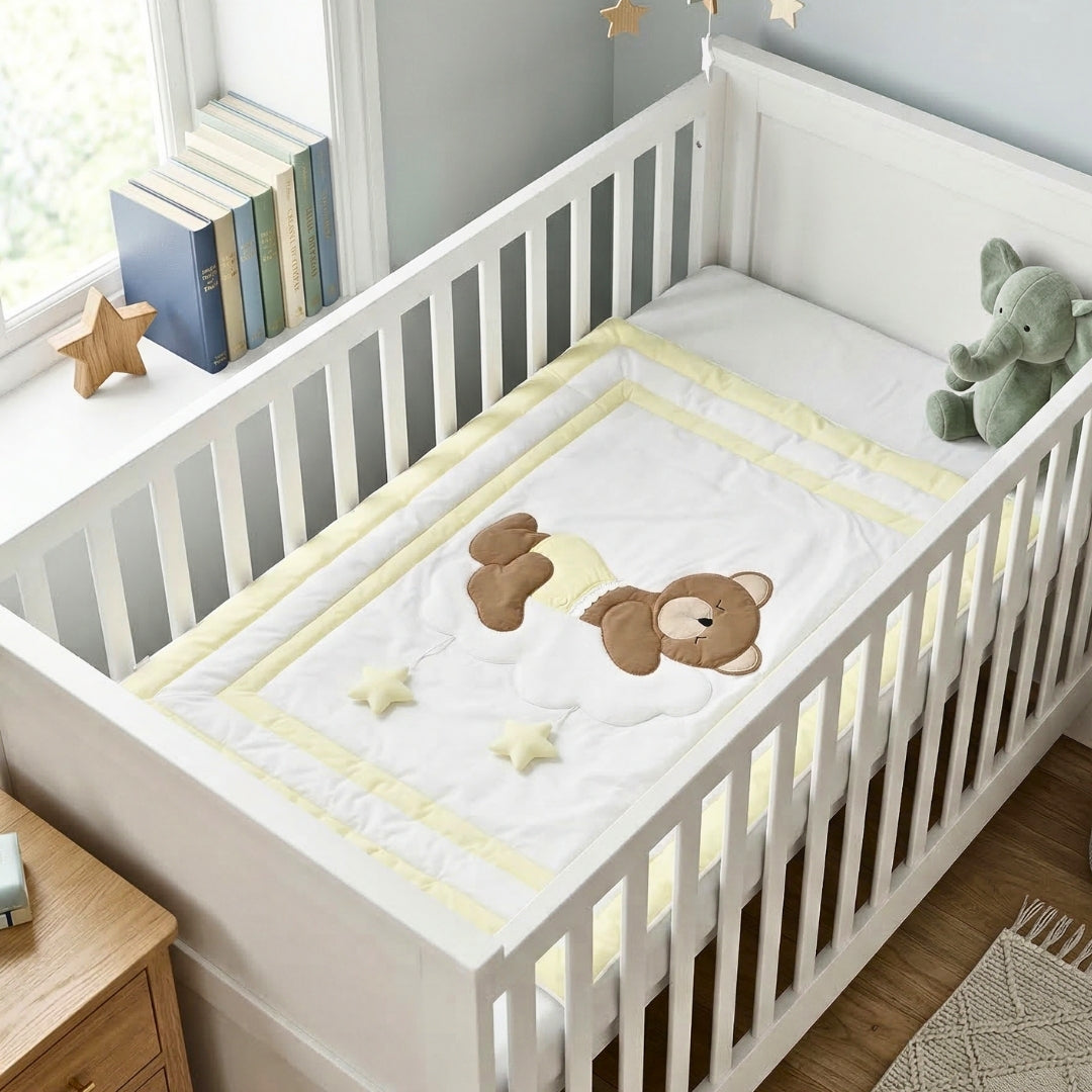Sleepy Teddy Bear on Cloud Cotton Baby Quilt – Lemon