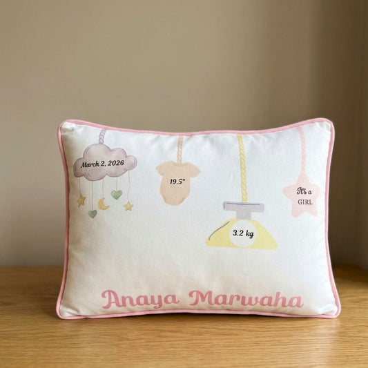 Personalised Birth Stats Cushion – Newborn Keepsake Gift (with filler)