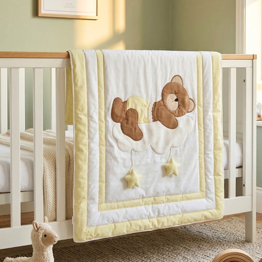 Sleepy Teddy Bear on Cloud Cotton Baby Quilt – Lemon