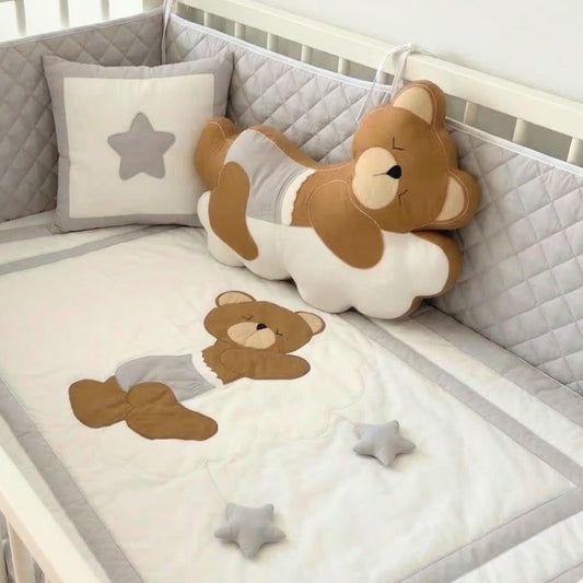 Sleepy Teddy on Cloud Nursery Bedding Set – Grey