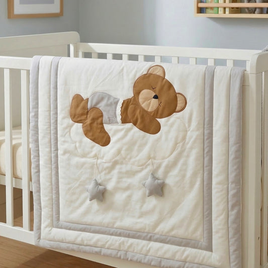 Sleepy Teddy Bear on Cloud Cotton Baby Quilt – Grey