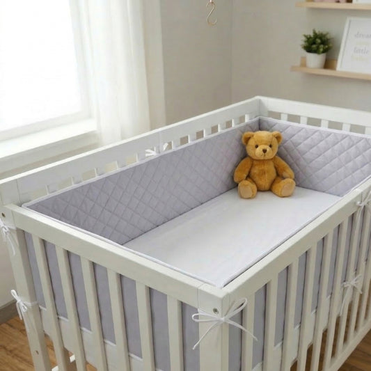 Quilted Cotton Crib Rail Guard/ Cot Bumper - Grey