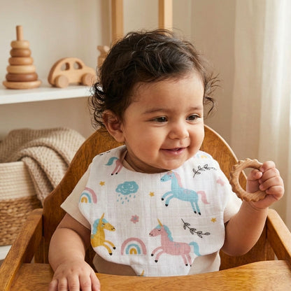 Ultra-Soft Muslin Baby Bib – 100% Organic Cotton (0–18M) - Pastel Unicorns