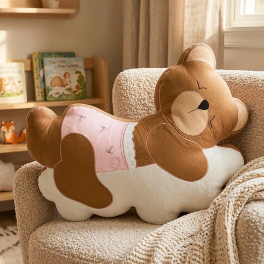Sleepy Teddy Bear on Cloud Shaped Cushion - Pink