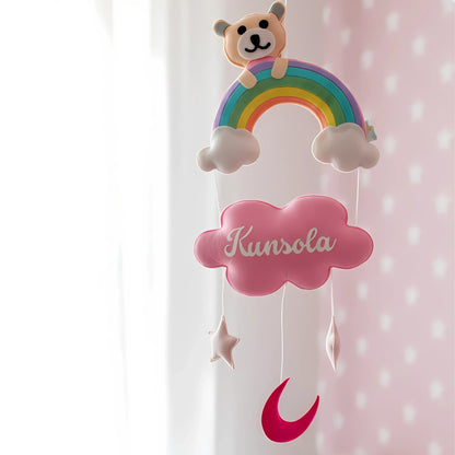 Rainbow Bear Personalized Nursery Wall Hanging – Felt Name Cloud