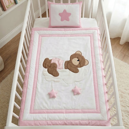 Sleepy Teddy Bear on Cloud Cotton Baby Quilt – Blush Pink