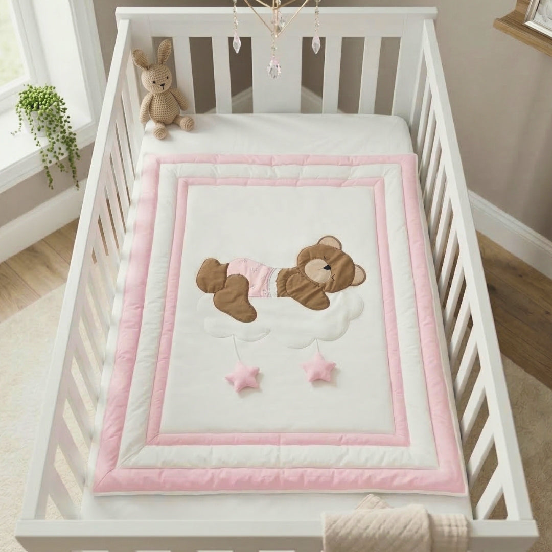 Sleepy Teddy Bear on Cloud Cotton Baby Quilt – Blush Pink