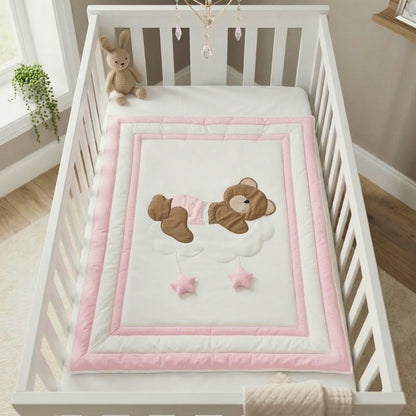 Sleepy Teddy Bear on Cloud Cotton Baby Quilt – Blush Pink