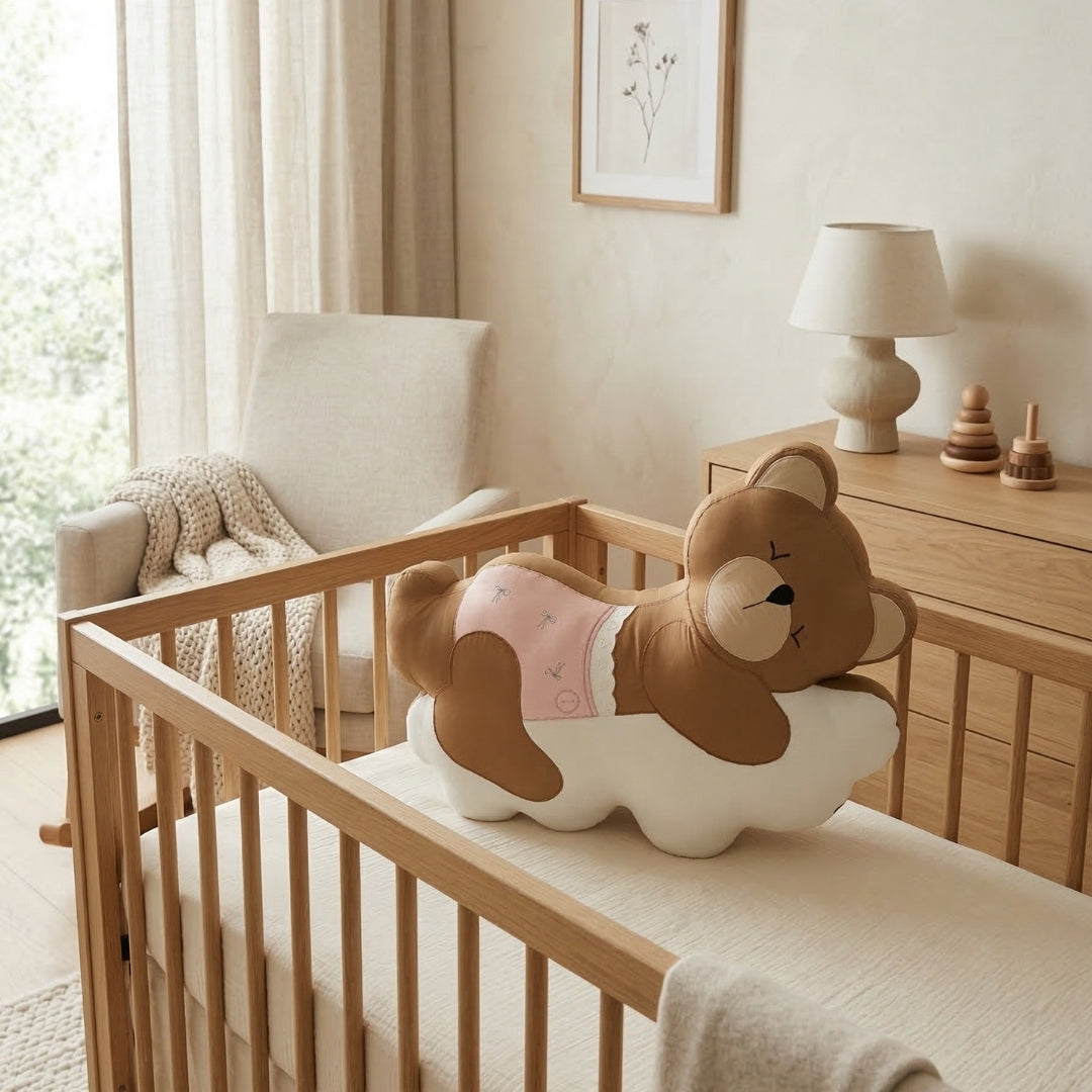 Sleepy Teddy Bear on Cloud Shaped Cushion - Pink