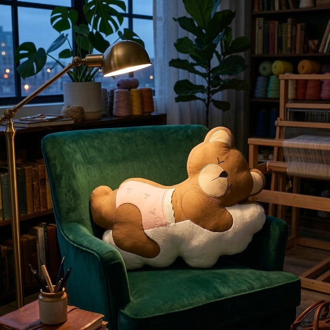 Sleepy Teddy Bear on Cloud Shaped Cushion - Pink