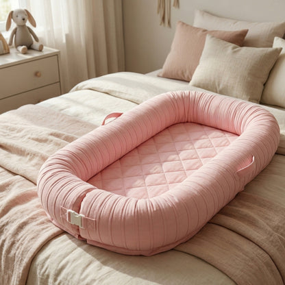 Pink baby nest on a bed in a cozy bedroom setting, baby nest, baby nest bed, newborn lounger, infant lounger, cotton baby nest, portable baby lounger, baby nest with removable cover, baby lounger washable, newborn gift, baby shower gift, nursery essential