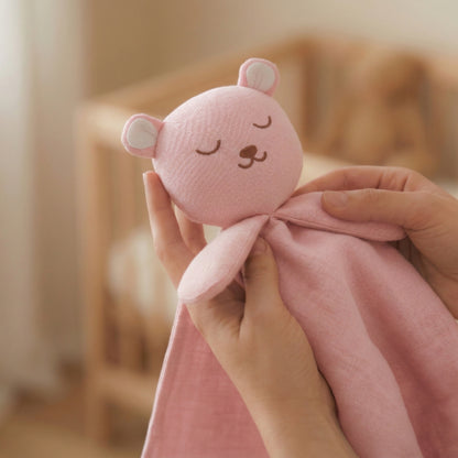 Dream Bear Security Blanket – Soft Muslin Cotton Cuddle Cloth - Pink