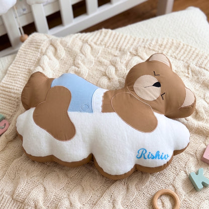 Sleepy Teddy Bear on Cloud Shaped Cushion - Blue