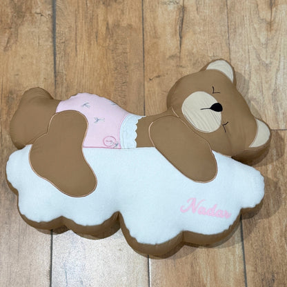 Sleepy Teddy Bear on Cloud Shaped Cushion - Pink