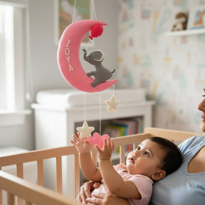 Dreamy Elephant On Moon Nursery Wall Hanging